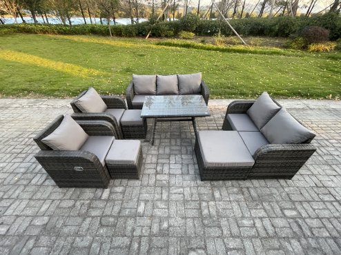 Fimous Outdoor Rattan Garden Furniture Set 10 Seater Patio Lounge Sofa Set with Dining Table 3 Footstools Dark Grey Mixed