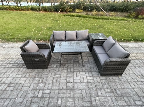 Fimous 6 Seater Outdoor Rattan Garden Furniture Set Patio Lounge Sofa Set with Dining Table Side Table Dark Grey Mixed