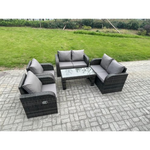 Fimous Patio Garden Furniture Sets Wicker 6 Seater Outdoor Rattan Furniture Sofa Sets with Rectangular Coffee Table Reclining Chair