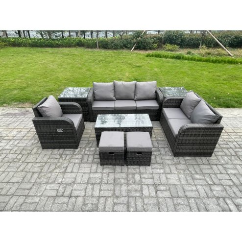 Fimous High Back Rattan Garden Furniture Set with Loveseat Sofa Rectangular Coffee Table 2 Side Tables 2 Small Footstools Indoor Outdoor Patio Lounge Sofa Set Dark Grey Mixed
