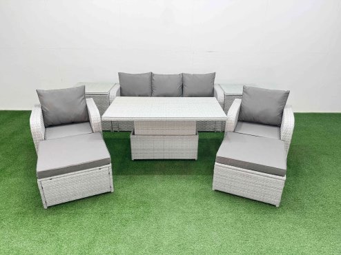 Fimous PE Rattan Garden Furniture Set Reclining Chair Sofa Lounge Sofa Set Adjustable Lifting Dining or Coffee Table 2 Side Table 2 Big Footstool Light Grey