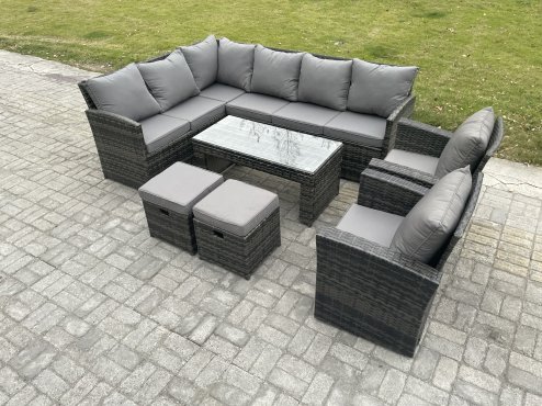 Fimous Rattan Garden Furniture Sets High Back Corner Sofa Oblong Coffee Table Set with 2 Small Footstool 2 Armchairs Dark Grey Mixed