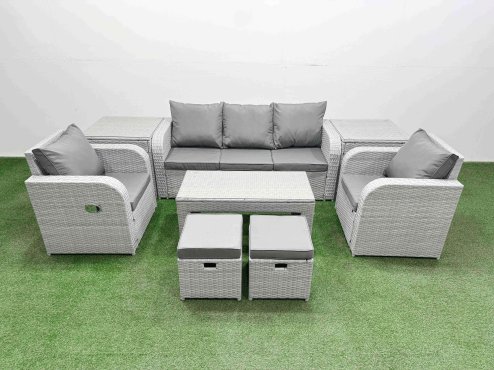 Fimous PE Rattan Garden Furniture Set Reclining Chair Sofa Lounge Sofa Set Rectangular Coffee Table 2 Side Table 2 Small Stools Light Grey