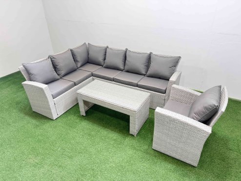 Fimous Rattan Garden Furniture Set Outdoor 7 Seater Corner Sofa Sets with Oblong Coffee Table Chair Light Grey Mixed