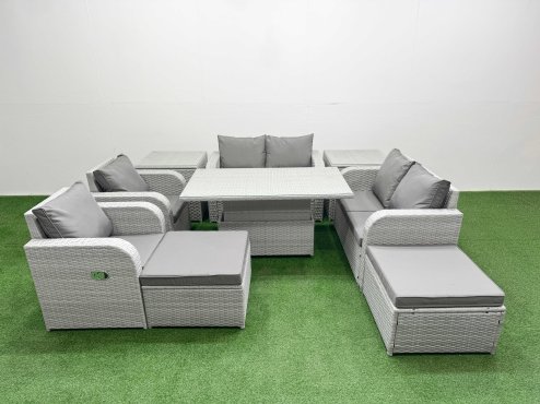 Fimous 8 Seater Outdoor Reclining Chair Love Sofa Set Rattan Garden Furniture Set with Adjustable Lifting Dining or Coffee Table 2 Big FootStools 2 Side Table Light Grey