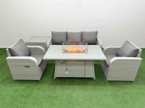 Fimous PE Rattan Garden Furniture Set Reclining Chair Sofa Lounge Sofa Set Firepit Dining Table Side Table Light Grey