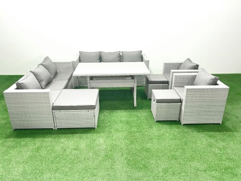 Fimous Rattan Garden Furniture Set Outdoor 8 Seater Patio Dinin g Sofa Sets with Dining Table 2 Chairs 3 Footstools Light Grey Mixed