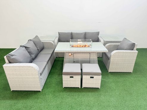Fimous 9 Seater Poly Rattan Outdoor Garden Furniture Firepit Dining Table Sofa Set Patio 3 Seater Sofa Reclining Chair 3 Seater Sofa Stools 2 Side Table Light Grey