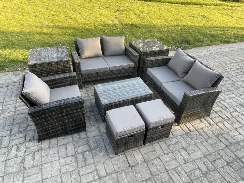 Fimous Rattan Garden Furniture Set 7 Seater Patio Outdoor Lounge Sofa Chair Set with Rectangular Coffee Table 2 Small Footstools 2 Side Tables Dark Grey Mixed