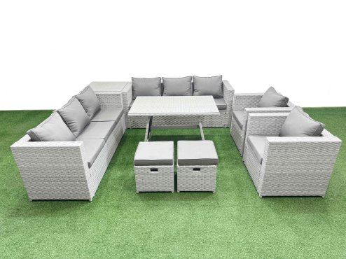 Fimous 10 Seater Garden Furniture Set PE Ratten Garden Sofa Set with Rectangular Dining Table 2 Small Stools Side Table Light Grey