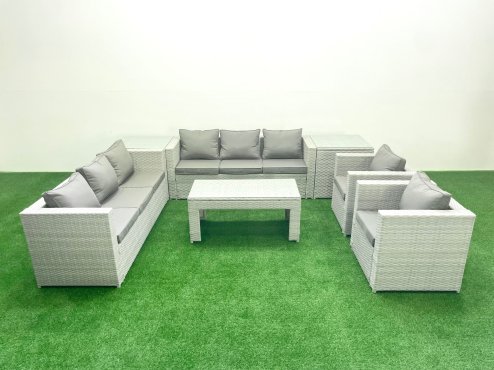 Fimous Outdoor Garden Furniture Rattan Sofa Set with 2 Armchairs Oblong Coffee Table 2 Side Tables Light Grey Mixed