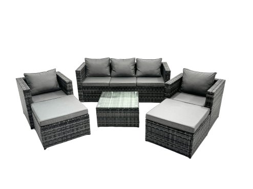 Fimous Outdoor Rattan Garden Furniture Set 7 Seater Patio Lounge Sofa Set with Armchair Square Coffee Table 2 Big Footstool Dark Grey Mixed