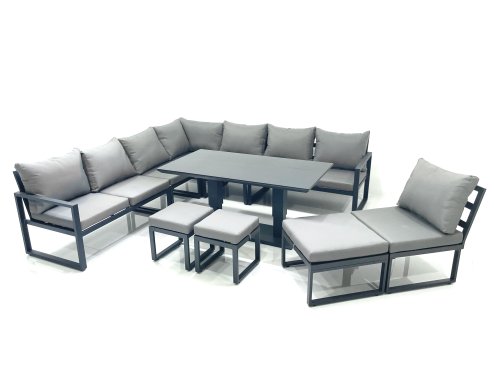 Fimous 11 Seater Outdoor Aluminum Garden Furniture Set Corner Sofa 3 Footstools Rising Lifting Dining Table Sets Dark Grey