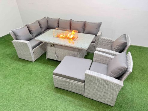 Fimous Rattan Corner Sofa Chair Set Outdoor Furniture Garden Dining Sets Gas Fire Pit Table with Temper Glass Footstools Light Grey Mixed