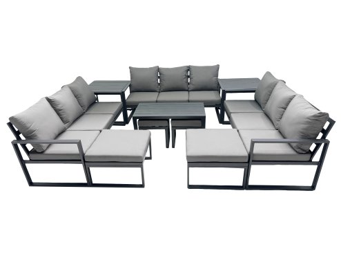 Fimous Outdoor Garden Furniture Set Aluminium Lounge 3 Seat Sofa Oblong Coffee Table Sets with 4 Stools 2 Side Tables Dark Grey