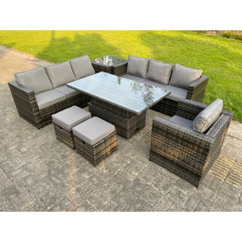 Fimous 9 Seater?Outdoor Rattan Sofa Set Adjustable Rising Lifting Side Tables Chairs Footstool Dark Grey Mixed