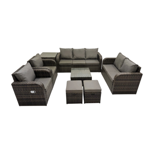 Fimous 3 Seater Sofa Reclining Chair Coffee Table Set Rattan Garden Outdoor Furniture Set with Side Table 2 Small Stool Dark Grey Mixed