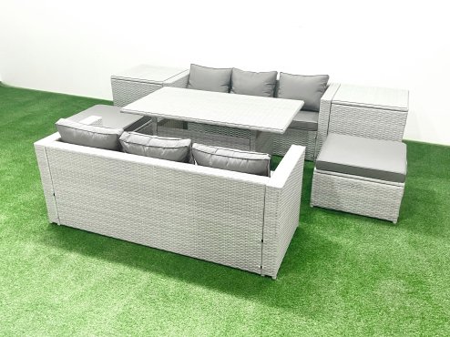 Fimous Rattan Garden Furniture Set 8 Seater Outdoor Sofa Set with Dining Table 2 Side Tables 2 Big Footstools Light Grey Mixed