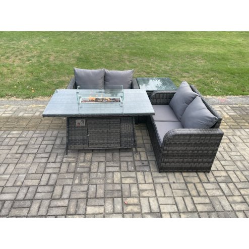 Fimous Rattan Garden Furniture Set with Gas Fire Pit Table 4 Pieces Outdoor Loveseat Sofa Set Dark Grey Mixed