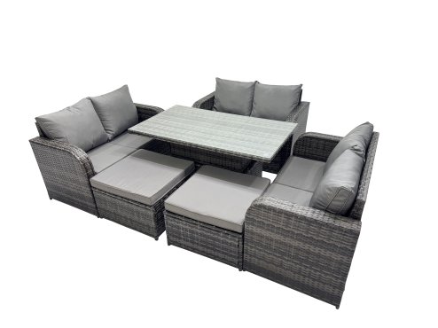 Fimous 8-seater Patio Height Adjustable Rising Lifting Table Sofa Sets Rattan Garden Furniture Dining Set with 2 Big Stools Dark Grey Mixed