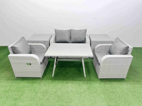Fimous Light Grey PE Wicker Rattan Garden Furniture Set Sofa Set Reclining Chair Love Sofa Rectangular Dining Table 2 Side Tables