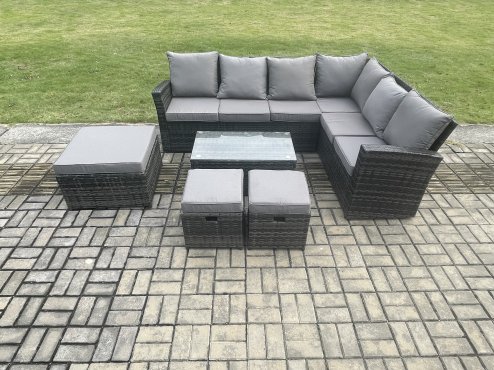 Fimous Wicker PE Outdoor Garden Furniture Set High Back Rattan Corner Sofa Set with Rectangular Coffee Table 3 Footstools