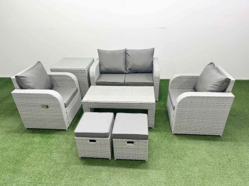 Fimous Light Grey PE Wicker Rattan Garden Furniture Set Sofa Set Reclining Adjustable Chair Oblong Coffee Table 6 Seater 2 Small Stools Side Table