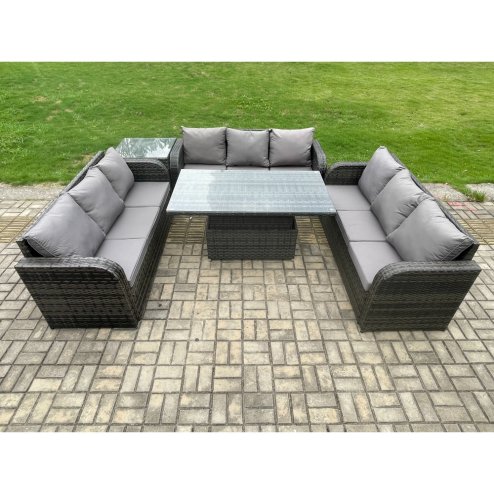 Fimous Patio Garden Dining Set Outdoor Rattan Furniture Lounge Sofa Height Adjustable Rising lifting Table With Side Table Dark Grey Mixed