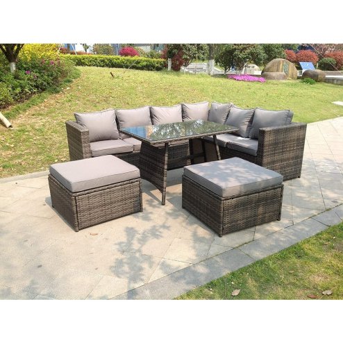 8 Seater Grey Rattan Corner Sofa Set Dining Table 2 Big Footstool Garden Furniture Outdoor With Clear Tempered Glass
