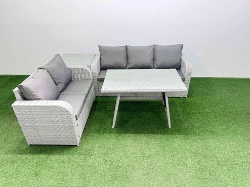 Fimous Outdoor PE Rattan Garden Furniture Set Rectangular Dining Table Sofa Set with Side Table Light Grey