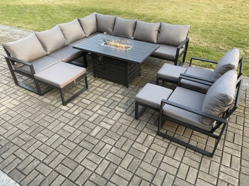 Fimous Aluminium Lounge Corner Sofa Outdoor Garden Furniture Sets Gas Fire Pit Dining Table Set with 2 Chairs 3 Footstools Dark Grey