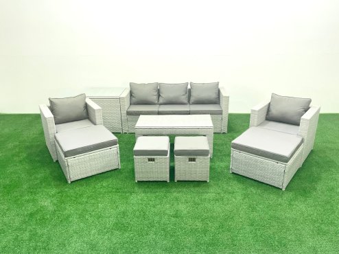 Fimous Outdoor Rattan Garden Furniture Set with Grey Cushions Luxury 9 Seater with 2 Chairs and Coffee Table For Conservatory,Patio
