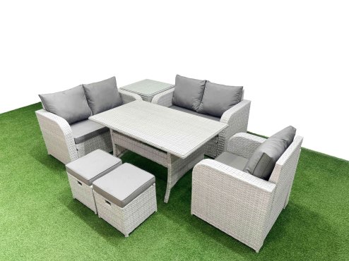 Fimous High Back Poly Rattan Garden Furniture Set with Reclining Chair Loveseat Sofa Rectangular Dining Table Indoor Outdoor Patio Set 2 Stool Side Table Light Grey