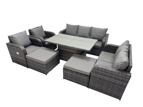 Fimous Rattan Garden Furniture Dining Set 9-seater Patio Height Adjustable Rising Lifting Table Sofa Sets with 2 Big Footstool Dark Grey Mixed