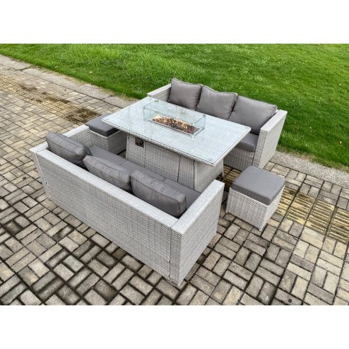 Fimous Garden Dining Sets Outdoor PE Rattan Furniture Gas Fire Pit Dining Table Gas Heater with 2 Small Footstool Light Grey