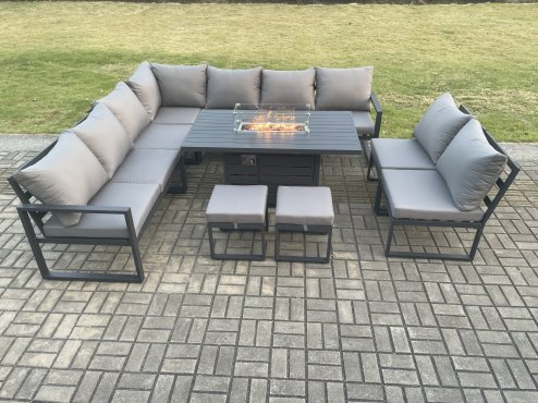 Fimous Aluminium 11 Seater Lounge Corner Sofa Outdoor Garden Furniture Sets Gas Fire Pit Dining Table Set with 2 Small Footstools Dark Grey