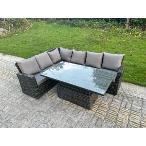 Fimous Outdoor Rattan Corner Sofa Garden Furniture High Back Sofa Set Adjustable Rising Lifting Table Set 6 Seater