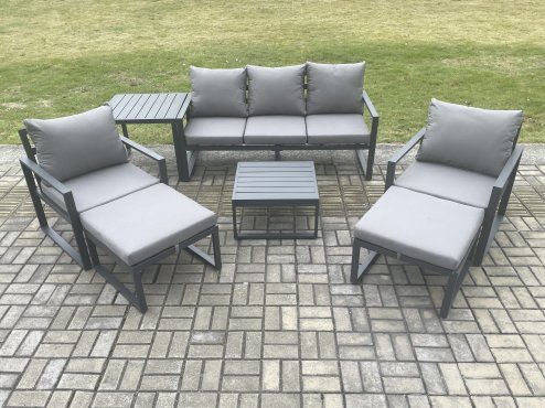 Fimous Aluminium Outdoor Lounge Sofa Set Garden Furniture Sets with Square Coffee Table 2 Chairs 2 Big Footstools Side Table Dark Grey 7 Seater