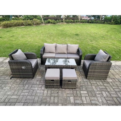 Fimous 7 Seat PE Rattan Garden Furniture Set Adjustable Chair Lounge Sofa Set Oblong Coffee Table Stools Dark Grey Mixed