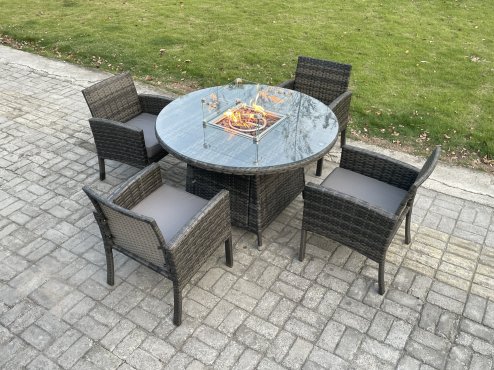 Fimous Outdoor Rattan Garden Furniture Set Gas Fire Pit Round Table Sets Gas Heater with 4 Seater Dining Cahirs Dark Grey Mixed