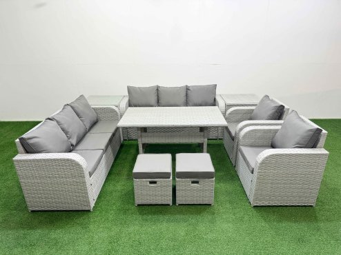 Fimous PE Rattan High Back Lounge Sofa Set Patio Rectangular Dining Table & Chairs Set with 3 Seater Sofa Reclining Chair Stools 2 Side Table Light Grey