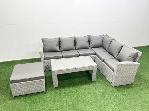 Fimous 7 Seater Garden Outdoor Rattan Furniture Set Rattan Corner Sofa Oblong Coffee Table Set with Big Footstool Light Grey Mixed