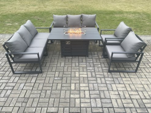 Fimous Aluminium 5 Pieces Garden Furniture Sofa Set with Cushions 8 Seater Gas Fire Pit Dining Table Set Dark Grey