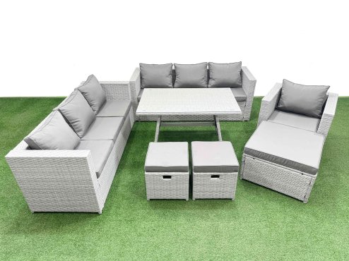 Fimous Outdoor Rattan Garden Furniture Dining Set 10-seater Patio Rectangular Table 3 Seater Sofa Armchair Set with 3 Stools