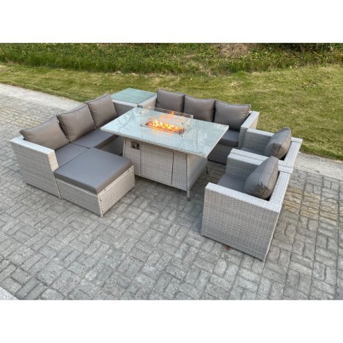 Fimous Light Grey Rattan Fire Pit Garden Furniture Set Gas Heater Burner Lounge Sofa Dining Set Coffee Table Chairs Footstool