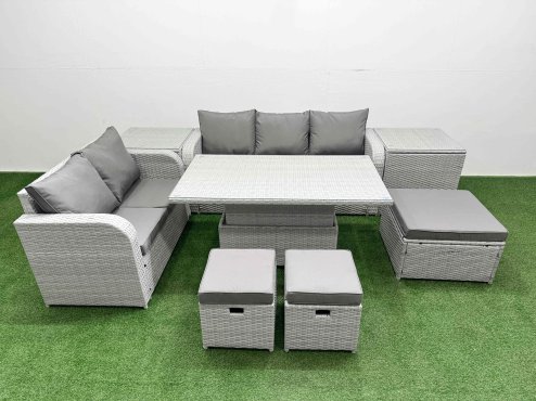 Fimous 8 Seater PE Rattan Wicker Garden Furniture Patio Conservatory Sofa Set with Adjustable Lifting Dining or Coffee Table 3 Seater Sofa Love Sofa 3 Stool 2 Side Table