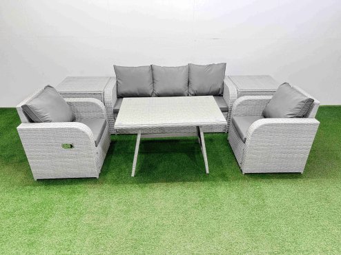 Fimous Reclining Chair 3 Seat Sofa Set Garden Furniture Set with Rectangular Dining Table 2 Side Tables Light Grey