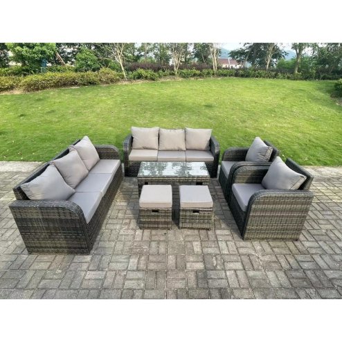 Fimous 10 Seater Dark Grey PE Wicker Rattan Garden Furniture Set Reclining Chair 3 Seater Lounge Sofa Set Outdoor Rectangular Coffee Table
