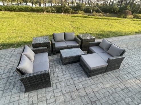 Fimous 7pc Rattan Sofa Garden Furniture Outdoor Patio Set with 2 Side Tables Big Footstool Double Seat Sofa Dark Grey Mixed