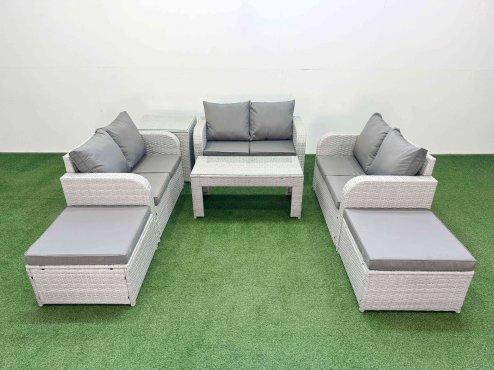 Fimous 8 Seater PE Wicker Rattan Furniture Sofa Sets with Oblong Coffee Table 2 Seater Love Sofa 2 Big Footstool Side Table Light Grey